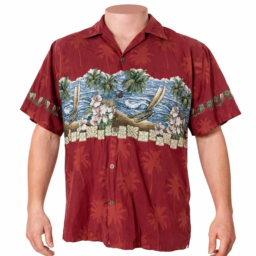 Favant Hawaiian Aloha Shirt 2XL Beach Waves Tropical Flowers Boats Red